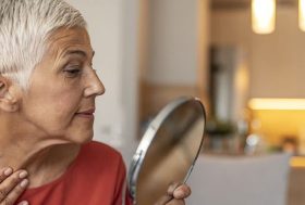 Mujer madura, con cabello blanco mirándose en un espejo