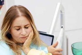 Mujer con la mano en la cara, con aspecto de tener dolor, en el dentista